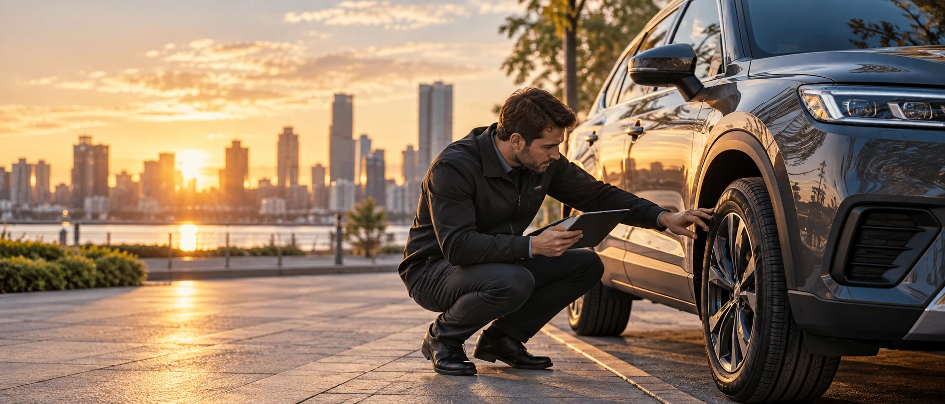 A scout inspecting a vehicle, recording the check on a tablet